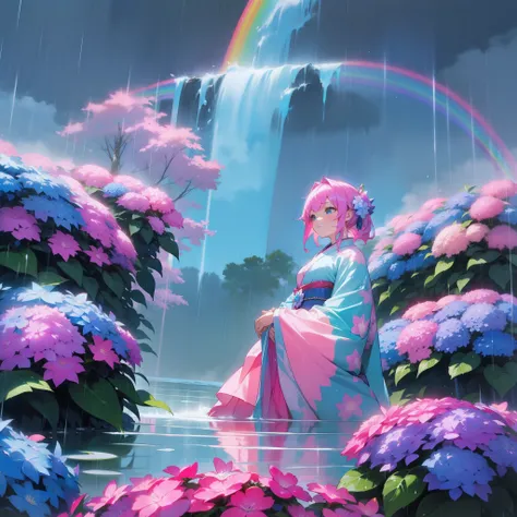 In a beautiful landscape、Her blue and pink colorful hair、Blue and pink colorful kimono、Colorful hydrangea flowers at the foot々Shine wet in the rain、Beyond is a mysterious rainbow。Beautiful world、Rainbow Goddess、Top image quality、Landscape painting