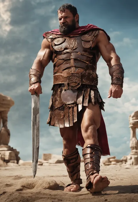 Ancient Roman muscular barefoot giant warrior,The height is 50 meters taller than a house，Caucasians，There are many short humans at their feet