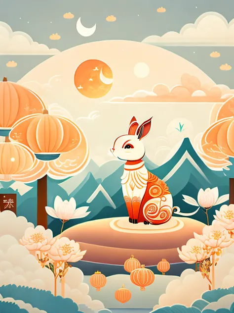 Art is commercial illustration，The theme is the Mid-Autumn Festival poster。The background is a scene of the moon and the moon palace，There are lanterns flying outside the moon。The center area of the picture is centered and typeset，The main body is Jade Rab...