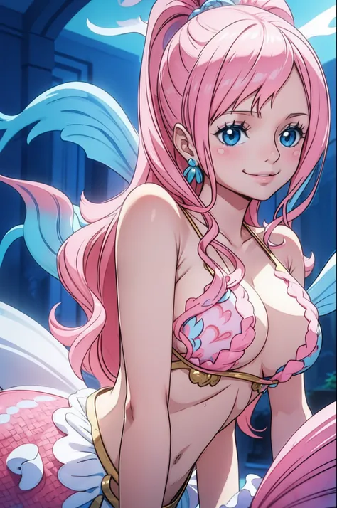 tmasterpiece，best qualtiy，mermaids，A pink-haired，ssmile，Shell on the chest，Blue fish tail，up close shot，Large breasts