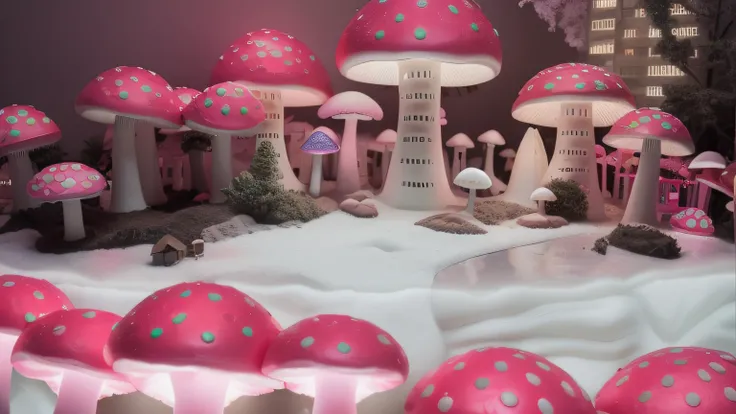 Cidade. Mushroom building. Janelas no mushroom.  maquete. Neon dark pink mushroom. maquete. Neon Mushroom. Neve branca. maquete. neon light. cotton. maquete. dark pink mushroom.