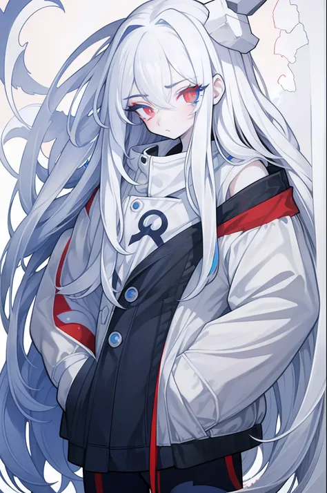 white hair, messy hair, long hair, (expressive eyes, heterochromia,red eye, blue eye, glowing eyes),[(white background:1.9)::0.9], [(transparent background:1.3)::5],  masterpiece,best quality,flat color,offical art,white theme,(ultra-detailed),(illustratio...