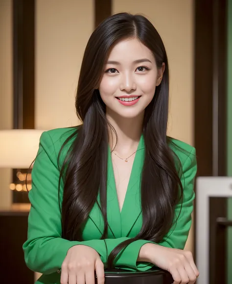 ((best quality, 8K, masterpiece: 1.3)), beautiful girl, pure, melon face, kind and cute, sweet smile, pure desire, slender body, (front), (tilted head), ((looking at camera)), green suit and green skirt, smooth black long hair, flowing long shoulders, roun...