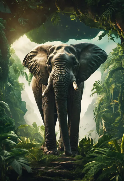 High nation-geographic symmetrical close-up portrait shoot in green jungle of an expressiveElephant, anamorphic lens, ultra-realistic, hyper-detailed, green-core, jungle-core –ar 16:9 –q 2 –v 5