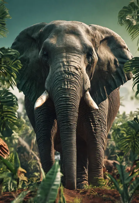 High nation-geographic symmetrical close-up portrait shoot in green jungle of an expressiveElephant, anamorphic lens, ultra-realistic, hyper-detailed, green-core, jungle-core –ar 16:9 –q 2 –v 5