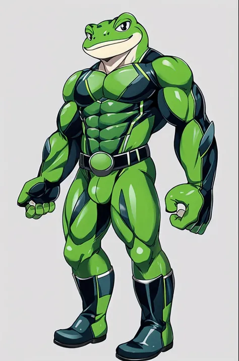 masutepiece, Best Quality, anime style illustration,White background, Simple background, Standing portrait of a character, 1ｍale, Solo, frog man, Furry,  Superhero, green bodysuit, knee high boots, Full body,Look at viewers,