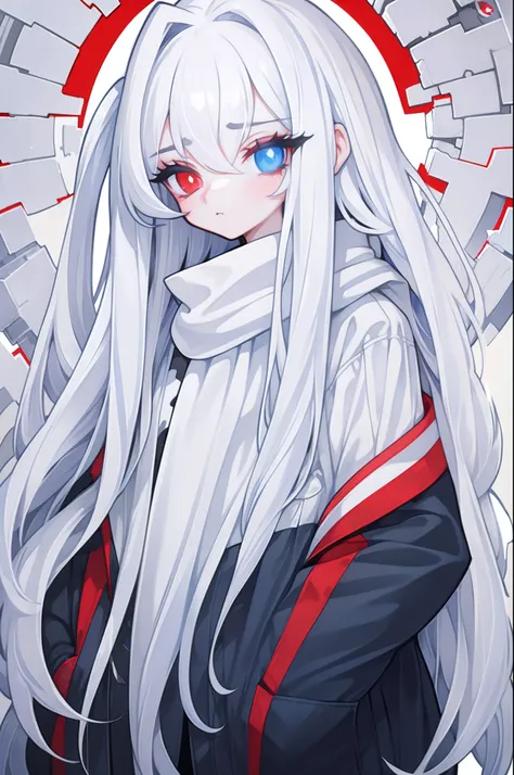 white hair, messy hair, long hair, (expressive eyes, heterochromia,blue eye, red eye, glowing eyes),[(white background:1.9)::0.9], [(transparent background:1.3)::5],  masterpiece,best quality,flat color,offical art,black theme,(ultra-detailed),(illustratio...