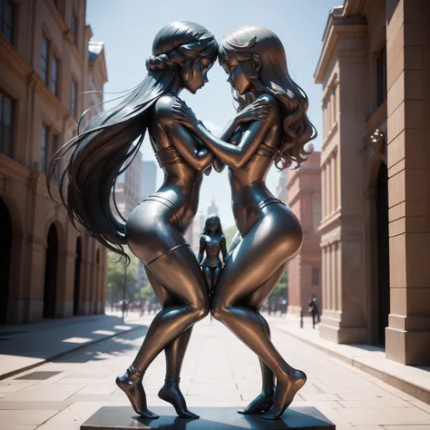 Two metal statues of a two-dimensional barefoot  girl embracing each other