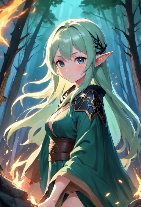 the elf，sorceress woman，10years old，underage，teens girl，Lori huge breasts cleavage，Pointed face，Black shawl hair，ln the forest，Impeccable，Small of breast，Small buttocks