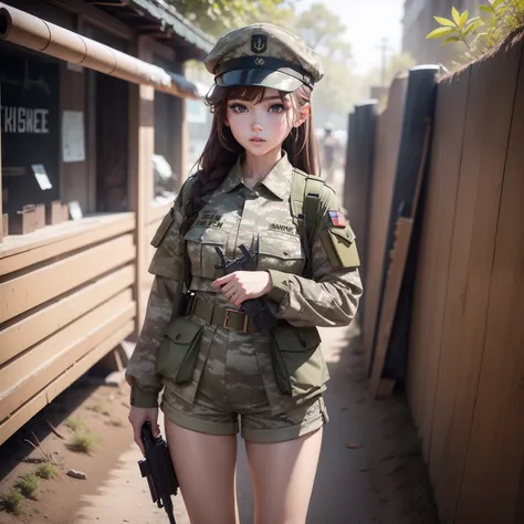 Military Uniform Fashion Idol、camouflage uniform（Military Cap、shortpants）、Looks fun、Brown hair、full body Esbian、Survival Games Venue、Gun pointed at camera、