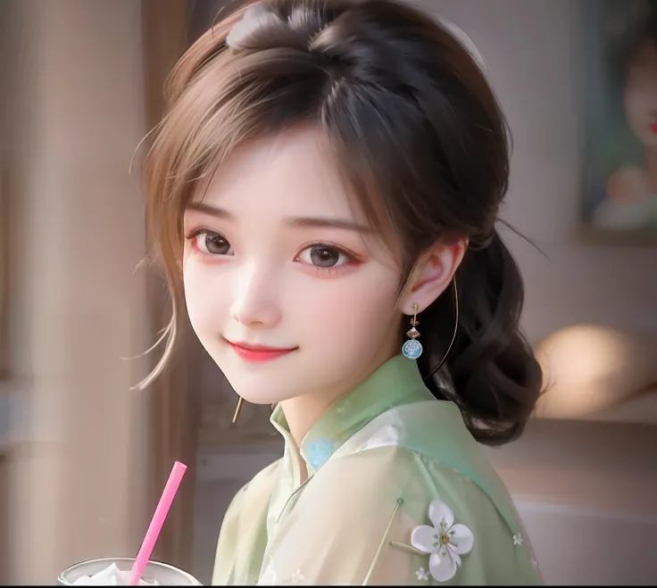 There was a girl holding a drink and a straw in her hand, Chinese girl, cute beautiful, girl cute-fine face, Realistic cute girl painting, portrait cute-fine-face, light green tone beautiful face, with cute - fine - face, adorable digital art, Young and cu...