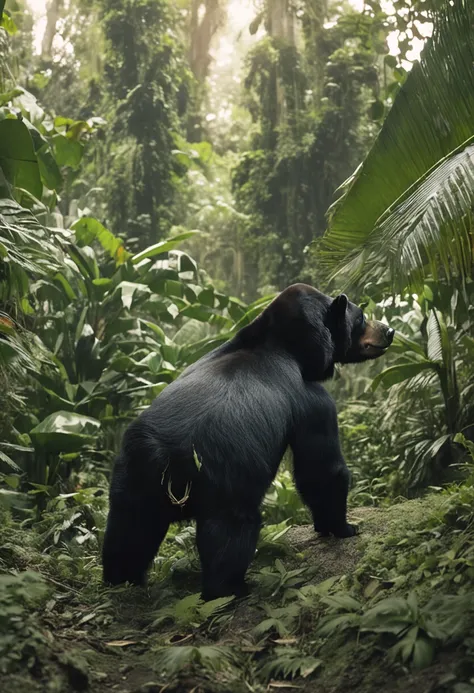 High nation-geographic symmetrical close-up portrait shoot in green jungle of an expressive Sun bear, anamorphic lens, ultra-realistic, hyper-detailed, green-core, jungle-core –ar 16:9 –q 2 –v 5