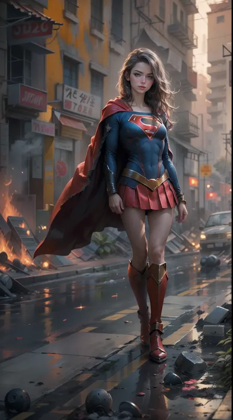 motor irreal:1.4,CG ultra realista 64K, fotorrealista:1.4, textura de la piel:1.4, obra maestra:1.4,posing behind Beautiful Woman in a Supergirl costume standing in front of an apocalyptic city of fire, mostrando vientre plano,Minifalda roja, ,hermosas man...