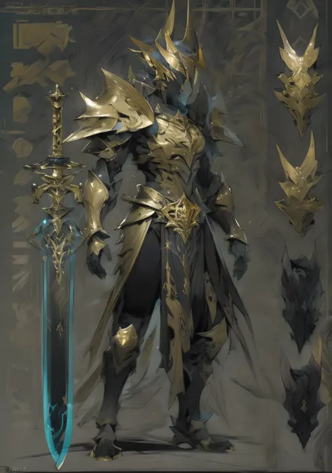 design a layout showcase gameing character, a warrior. golden+black armor, stylish and unique. detailed huge sword. (masterpiece...