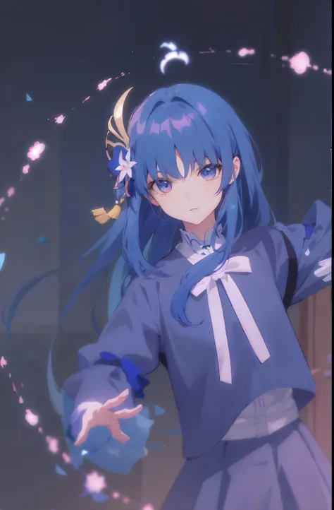 Anime girl with blue hair and blue dress, Anime moe art、ayaka game genshin impact, anime visual of a cute girl, fate grand order, made with anime painter studio, Marin Kitagawa fanart, Guviz, Keqing from Genshin Impact，Better clothing materials，More elabor...