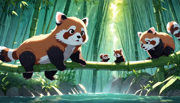 bamboo forrest，A group of red pandas，agility. He is learning how to climb trees and swim. He is also learning how to find food in the forest