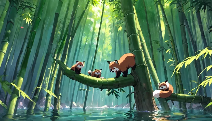 bamboo forrest，A group of red pandas，agility. He is learning how to climb trees and swim. He is also learning how to find food in the forest