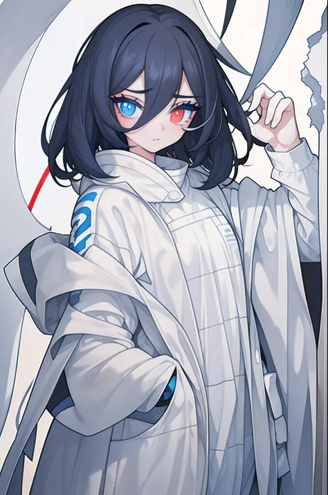 black hair, messy hair, short hair, (expressive eyes, heterochromia,red eye, blue eye, glowing eyes),[(white background:1.9)::0.9], [(transparent background:1.3)::5],  masterpiece,best quality,flat color,offical art,white theme,(ultra-detailed),(illustrati...