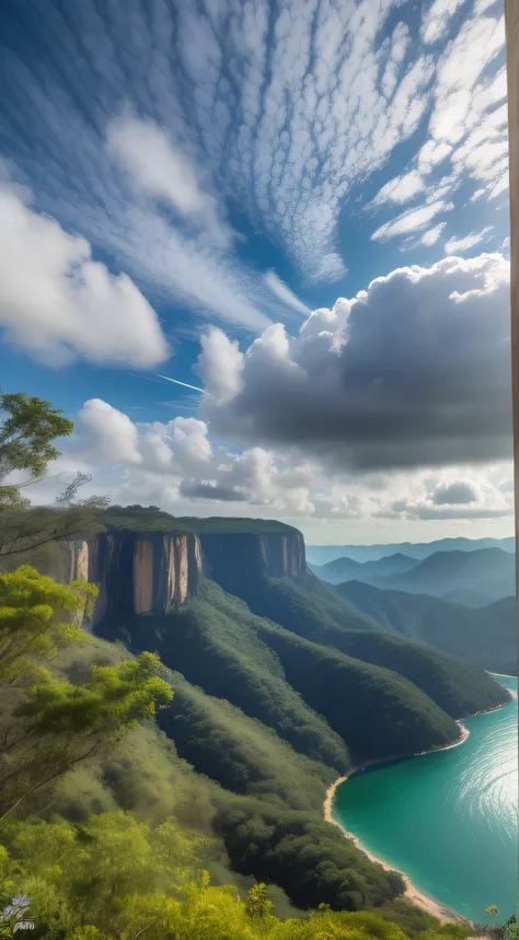 obra-prima, melhor qualidade, alta qualidade, papel de parede extremamente detalhado da unidade CG 8k, scenecy, Ao ar livre, heaven, nuvem, dia, sem humanos, montanha, panorama, agua, tree, blue skies, cachoeira, penhasco, natureza, lago, rio, Cloudy sky, ...