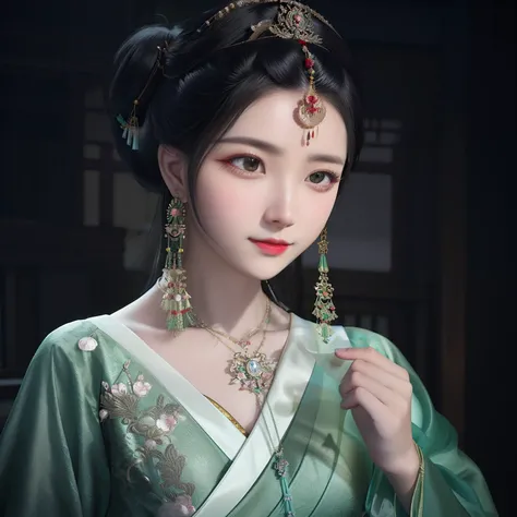 Arad woman in a green dress，Wearing necklaces and earrings, Palace ， A girl in Hanfu, Chinese woman, Traditional beauty, Chinese girl, Wearing ancient Chinese clothes, Beautiful oriental woman, Princesa chinesa antiga, China Princess, Chinese traditional, ...