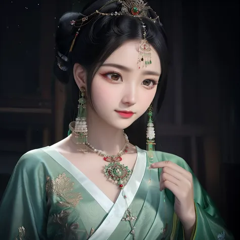 Arad woman in a green dress，Wearing necklaces and earrings, Palace ， A girl in Hanfu, Chinese woman, Traditional beauty, Chinese girl, Wearing ancient Chinese clothes, Beautiful oriental woman, Princesa chinesa antiga, China Princess, Chinese traditional, ...