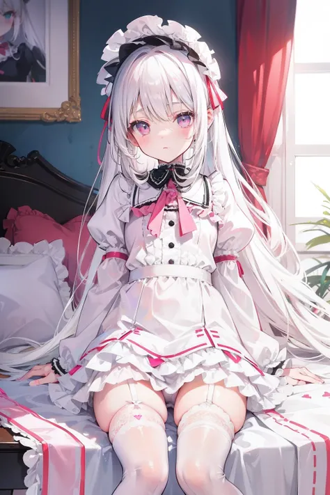 Cute white-haired loli，Dressed in Lolita and white stockings，Sitting on the bedside，spread their legs，Pink panties can be seen，Leakage from the lower body