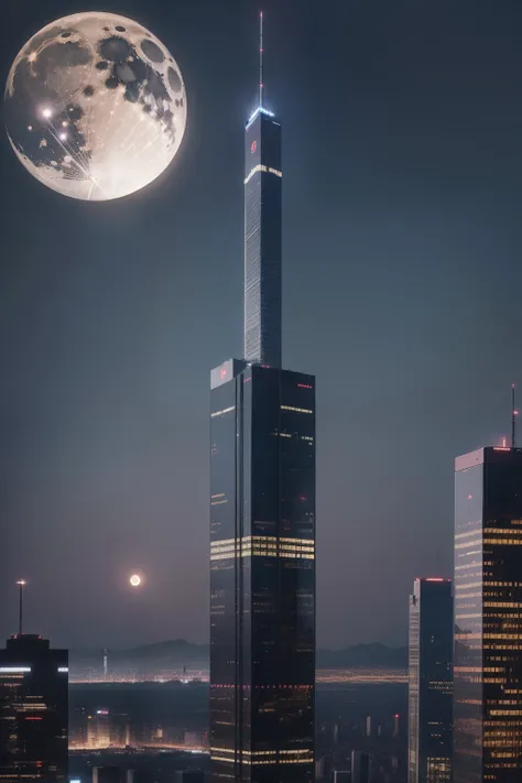 城市，nighttime scene，Close-up，Tall buildings tower，There is a bright moon over the city