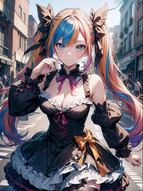 (masutepiece:1.3), (8K, Photorealistic, Raw photo, Best Quality: 1.4), Beautiful face, (Realistic face), Beautiful detailed eyes, (Realistic skin), Attractive, Intricate details,Golden ratio,  1 girl,Naughty smile, (rainbow hair:1.4),((long twintails,Ribbo...