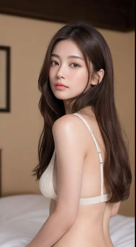 ((mid night、top-quality、8k、​masterpiece:1.3)), full bodyesbian, long legged, foco nítido:1.2, Beautiful woman with perfect body shape:1.4, Slender Abs:1.1, ((dark brown  hair、huge tit:1.2)), (White summer knitwear and panties, is standing:1.2), ((On the be...