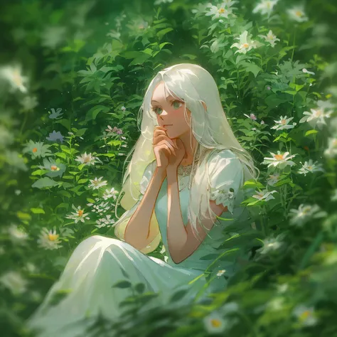 (masterpiece, best quality),1girl with long white hair sitting in a field of green plants and flowers, her hand under her chin, warm lighting, white dress, blurry foreground