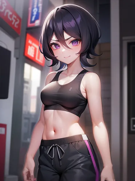 rating:safe、1girl、kuchiki_rukia、blurry、navel、black_hair、short_hair、looking_at_viewer、pants、black_pants、short_pants、spats、short_spats、black_short_pants、depth_of_field、breasts、lagre_breasts、big_breasts、smile、purple_eyes、midriff、hair_between_eyes、sports_bra、b...