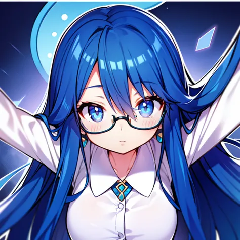 Kizi，blue long hair，Blue pupil，Black round frame glasses