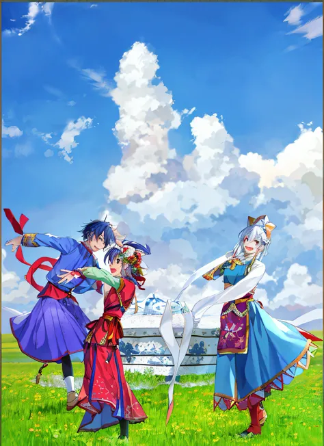 Anime characters in period costumes dancing happily on the prairie, Joy and excitement, Good food on the small table, Red wine glasses，yurts, zerochan art,Prairie dance，with blue sky and white clouds，Mongolian costumes，Flying Dance