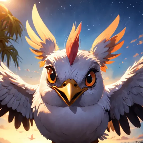 Uma galo，Frango exagerado com olhos grandes,Crazy zoo style， Animais de galinha, frango, Galinhas fofas,Galinha bem-humoradafloating in the sky, close-up, bright,, happy, warm soft lighting, sunset, (sparks:0.7)