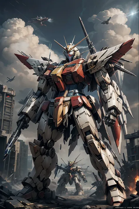 gundam, mecha, giant robot, masterpiece, gundam_freedom, wings, flying, apocalypse, dooms day, illustration, cinematic light, hi...