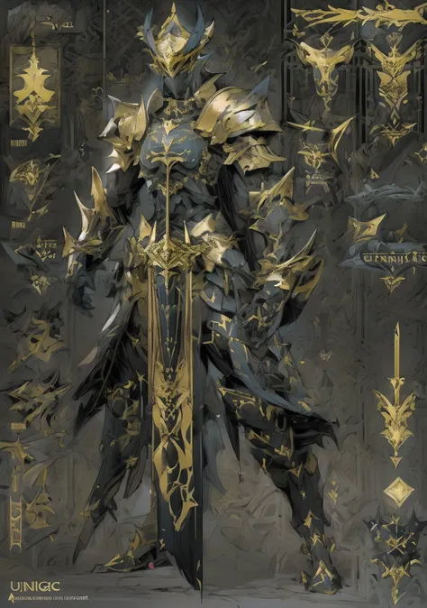 design a layout showcase gameing character, a warrior. golden+black armor, stylish and unique. detailed huge sword. (masterpiece...