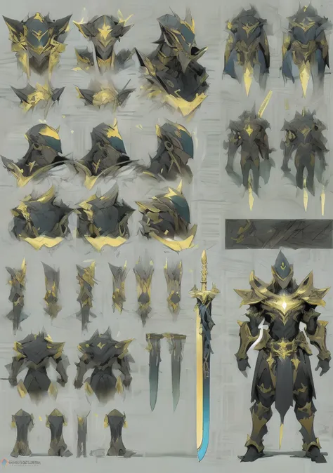 design a layout showcase gameing character, a warrior. golden+black armor, stylish and unique. detailed huge sword. (masterpiece...