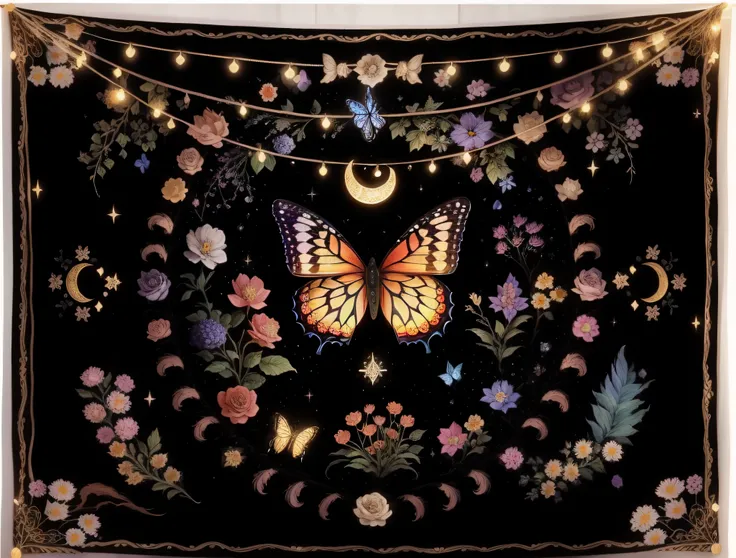 Close-up of tapestry with butterflies and flowers, tapestries of dreams, tapestry, cottagecore hippie, witch clothes, Magical and mysterious, designed for cozy aesthetics!, Intricate tapestries, ✨🕌🌙, Wearing psychedelic witchcraft, dreamy and detailed, but...