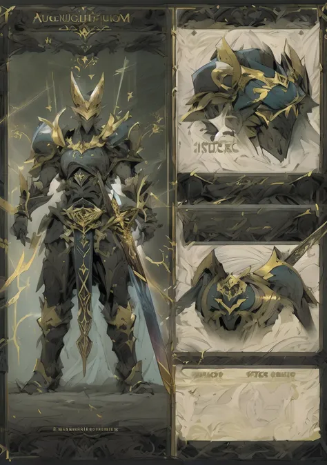 design a layout showcase gameing character, a warrior. golden+black armor, stylish and unique. detailed huge sword. (masterpiece...