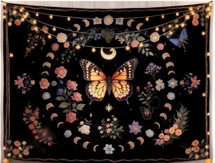 Close-up of tapestry with butterflies and flowers, tapestries of dreams, tapestry, cottagecore hippie, witch clothes, Magical and mysterious, designed for cozy aesthetics!, Intricate tapestries, ✨🕌🌙, Wearing psychedelic witchcraft, dreamy and detailed, but...