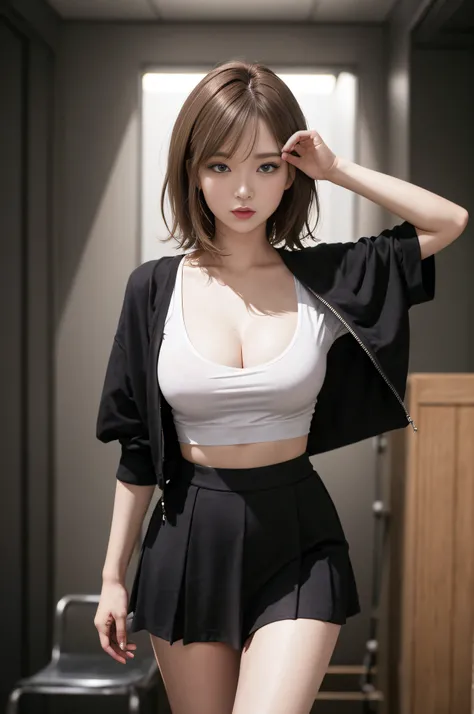 Top image quality、Raw photography、超A high resolution、An 18-year-old woman、Shooting for one person only、modelshoot、big round chest、cleavage of the breast、tshirts、Wearing a black skirt、Beautiful Eyes of Details、very elongated eyes、Beautiful eyelashes、Beautif...