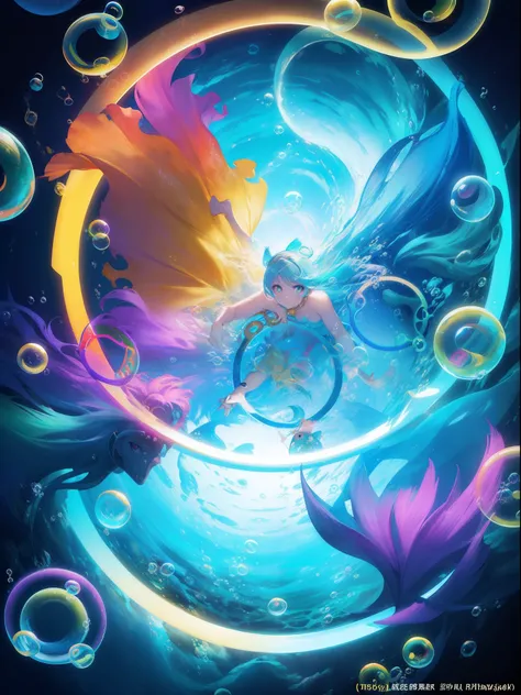 Underwater, colorful and beautiful Small tropical fish pass through a (circle of bubbles, ring of bubbles:1.3). Bright light illuminates the sea. no Human. Detailed drawing. Vivid colors. High image quality. (Best Quality), (masutepiece:1.3), Unity 8K Wall...