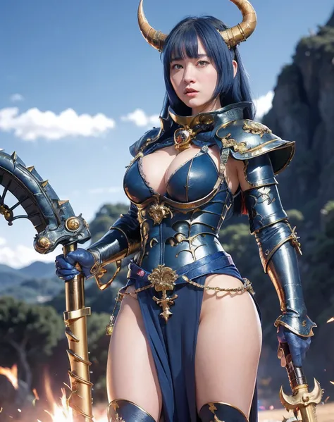 Professional , ​masterpiece、top-quality、photos realistic , depth of fields 、（Gemstone Blue Metal Body:1.９),(Matte blue with gold pattern、Wind-effect、（cleavage of the breast）、Dragon Gold Weapon（Dragon Metal Body:1.４),Gorgeous gold weapons ,（Particles of lig...