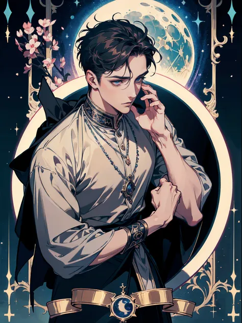 (absurdres, highres, ultra detailed), 1 male, adult, handsome, finely detailed eyes and detailed face, night sky, the moon tarot, Symbolism, Visual art, Occult, Universal, Vision casting, Philosophical, Iconography, Numerology, Popularity, Artistic, Alphon...