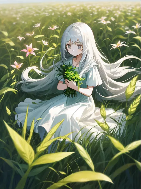 （tmasterpiece，best qualtiy），A little girl with long white hair sits in a field of greenery and flowers，warmly lit，white dresses