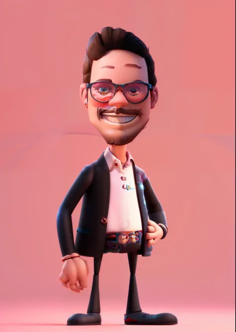 Um homem de corpo inteiro no estilo ..3d dos desenhos animados da Pixar, em camisa preta de linha longa, smiling at camera, fundo rosa macio, Funny cartoon in Pixar style, ..3d, Cinema 4D, (Estilo de personagem Pixar:1.8).