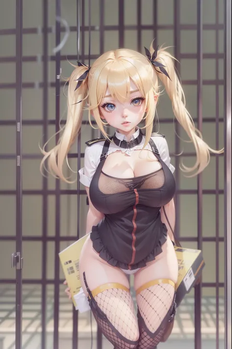 bishoujo, long hair, blonde hair, twintails, ahoge, undressing, fishnet legwear, endured_face, large breasts, hanging breasts, breasts out, cuffs,