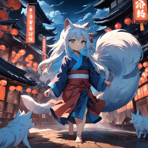 8K, best quality, masterpiece, a big blue fox,There is a girl riding on it,exaggerated perspectives，unique yokai illustrations，Details of realism,