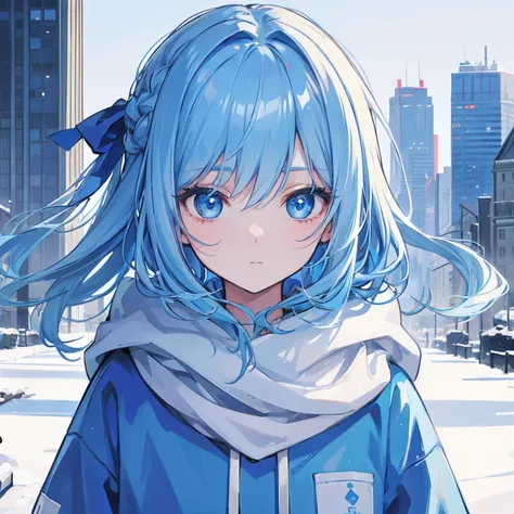 1girl, with light blue hair and blue eyes, wearing a hair ribbon and a blue and white hoodie. The scene is set in winter, with the girl looking directly at the viewer. This image can be used as a profile picture.City background