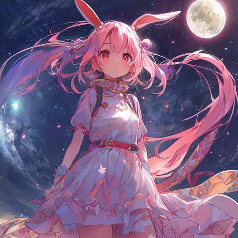 absurderes, hight resolution, (Anime style:1.1), ((masutepiece)), ((Best Quality)), (Ultra-detailed), (Beautiful), 独奏, Beautiful face、(liftup),12year old、cosmic space、beauttiful stars々、Cute girl in rabbit costume standing on the moon looking at the earth、g...